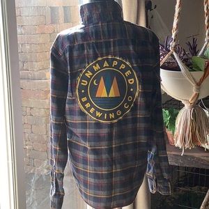 EUC Recycled men’s large J. Crew flannel with Brewing Co. T-shirt appliqué.